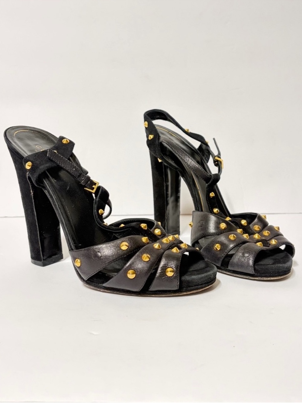 Gucci Black Leather Studded Block Heel Ankle T‑Strap Sandals